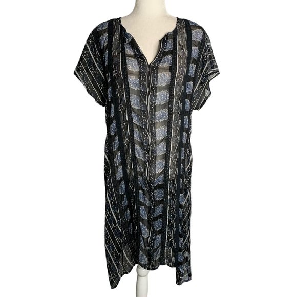Lucky Brand Sheer High Low Dress M Black Floral Short Sleeve V Neck Crochet Lace - Picture 1 of 6